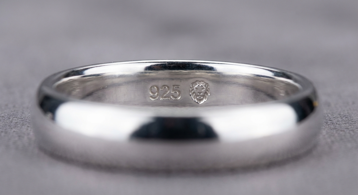 925 Sterling Silber Stempel auf einem polierten Silberring mit Löwenkopf-Punze