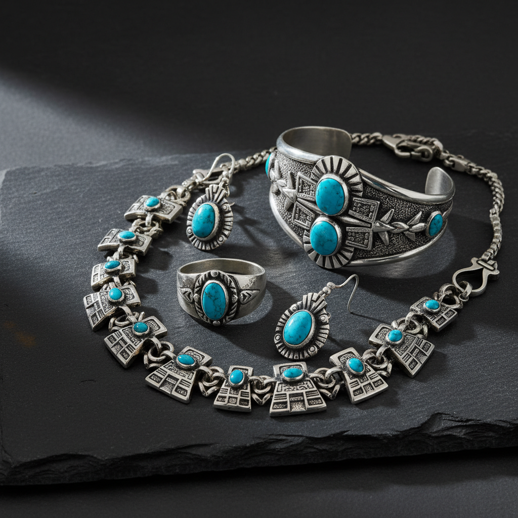 Mexikanischer Taxco-Silberschmuck mit traditionellen Azteken-Designs