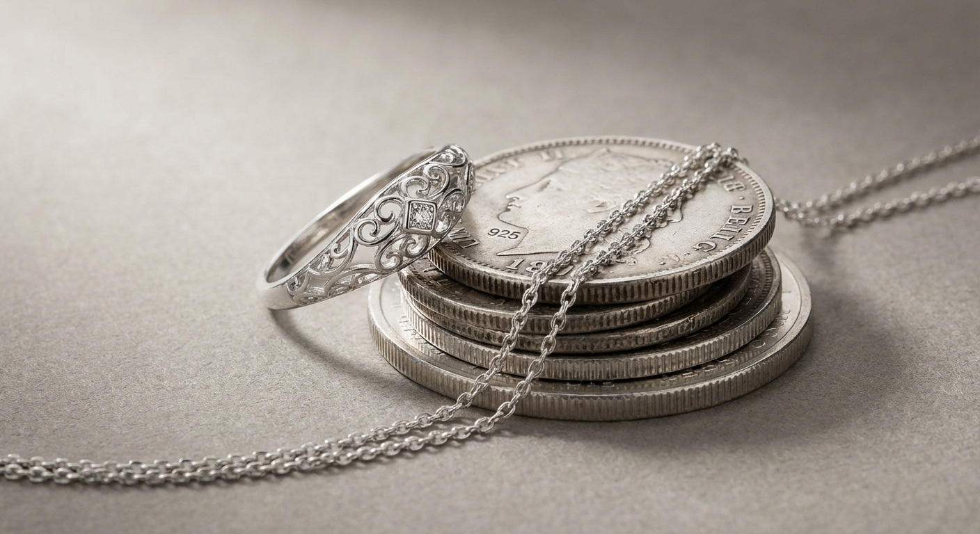 Arrangement aus Sterling Silber Schmuck und Münzen mit 925 Stempel