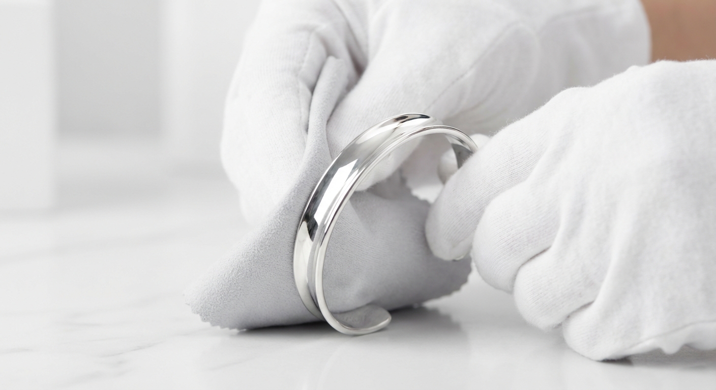 Hände in weißen Handschuhen polieren ein Sterling Silber Armband mit einem weichen Tuch